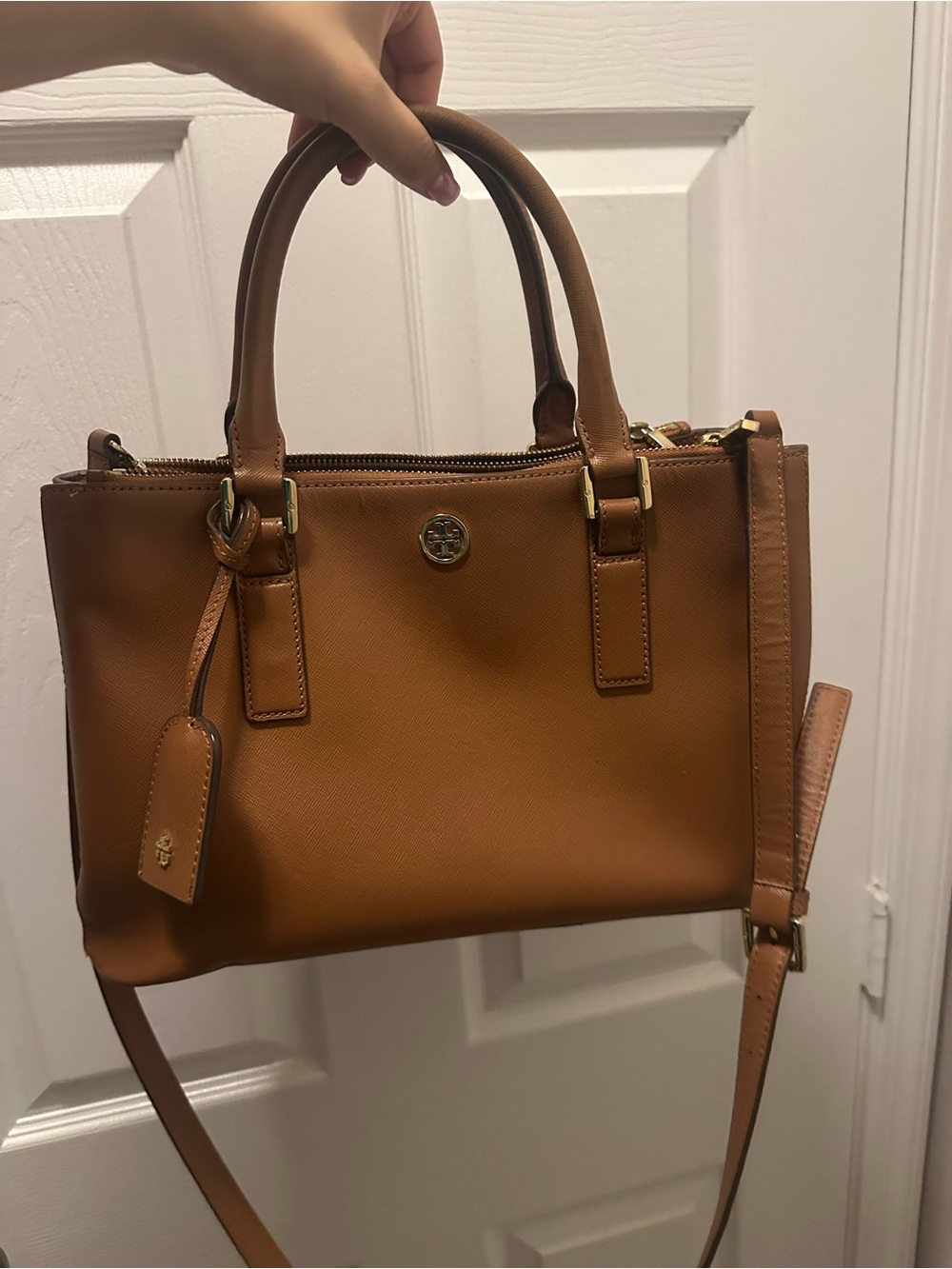 Tory Burch Brown Saffiano Leather Satchel with Gold Hardware
